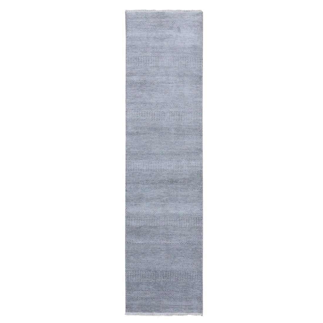 2'6"x10' Gray Hand Knotted Modern Grass Design Wool and Silk Runner Rug: 2'6"x10' Gray Hand Knotted Modern Grass Design Wool and Silk Runner Rug Modern Gray Hand-Knotted Wool and Silk Runner Rug. This stunning 2'6"x10' gray hand-knotted rug features a unique modern grass d