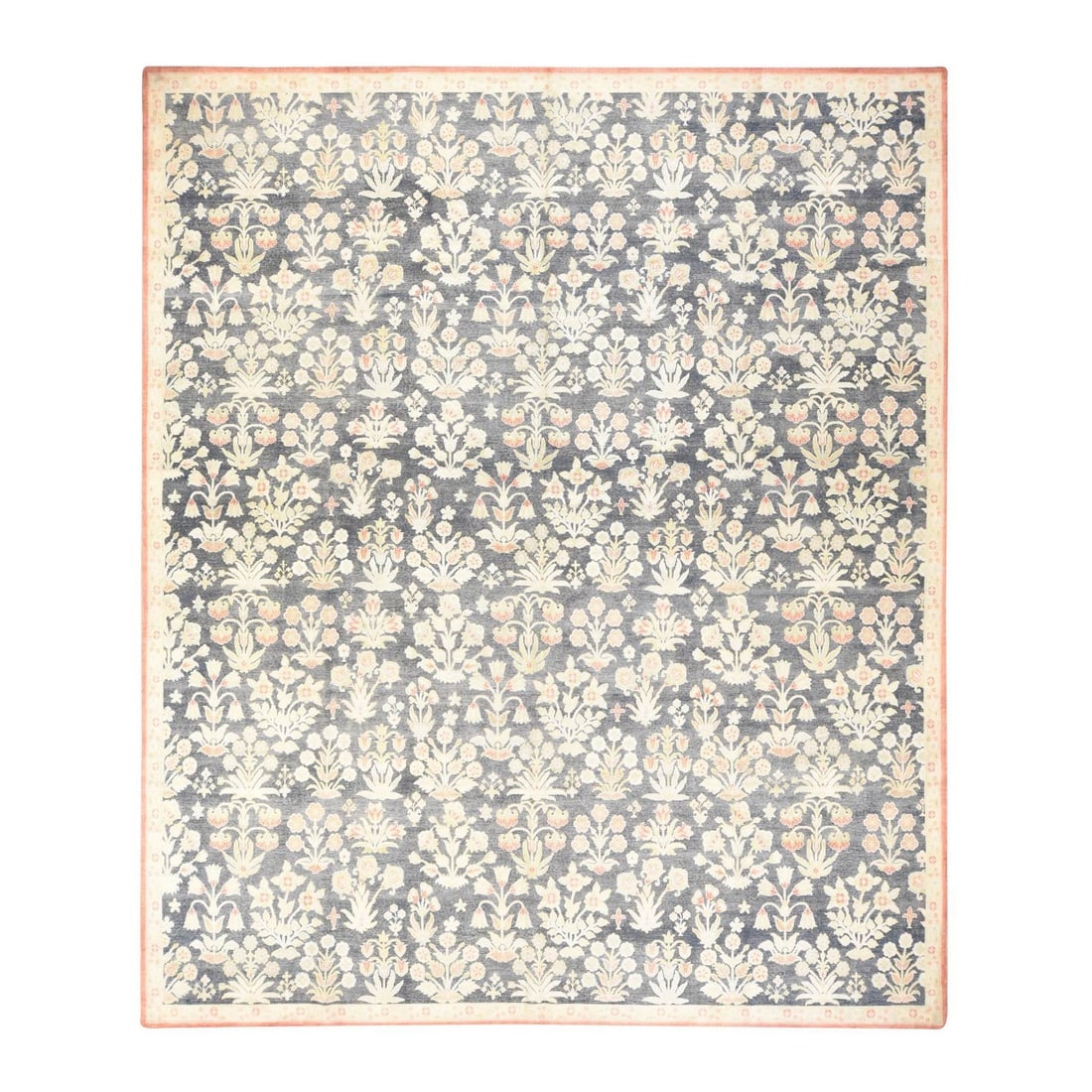 Mughal Flower Design Hand Knotted Wool and Silk Slate Gray Rug 12'x14: Mughal Flower Design Hand Knotted Wool and Silk Slate Gray Rug 12'x14 Slate gray in an all-over floral pattern, this hand-knotted wool and silk rug boasts a rectangular field design with intricate det