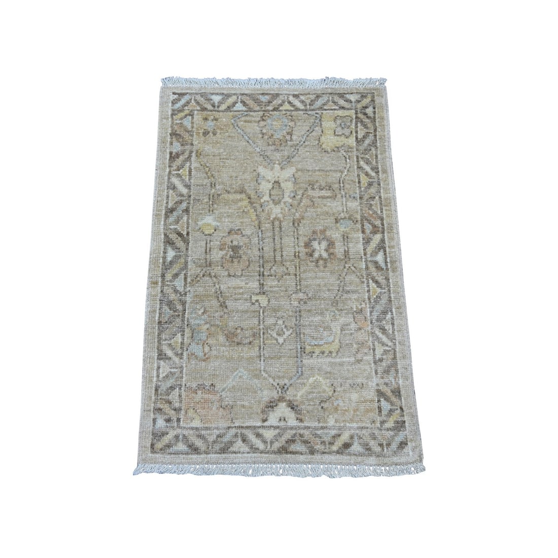 2'x3'1" Light Brown Hand Knotted Pure Wool Afghan Angora Oushak Mat Rug: 2'x3'1" Light Brown Hand Knotted Pure Wool Afghan Angora Oushak Mat Rug The Oushak rug boasts a stunning floral pattern in rich brown hues, set against a subtle background. Hand-knotted with pure wool