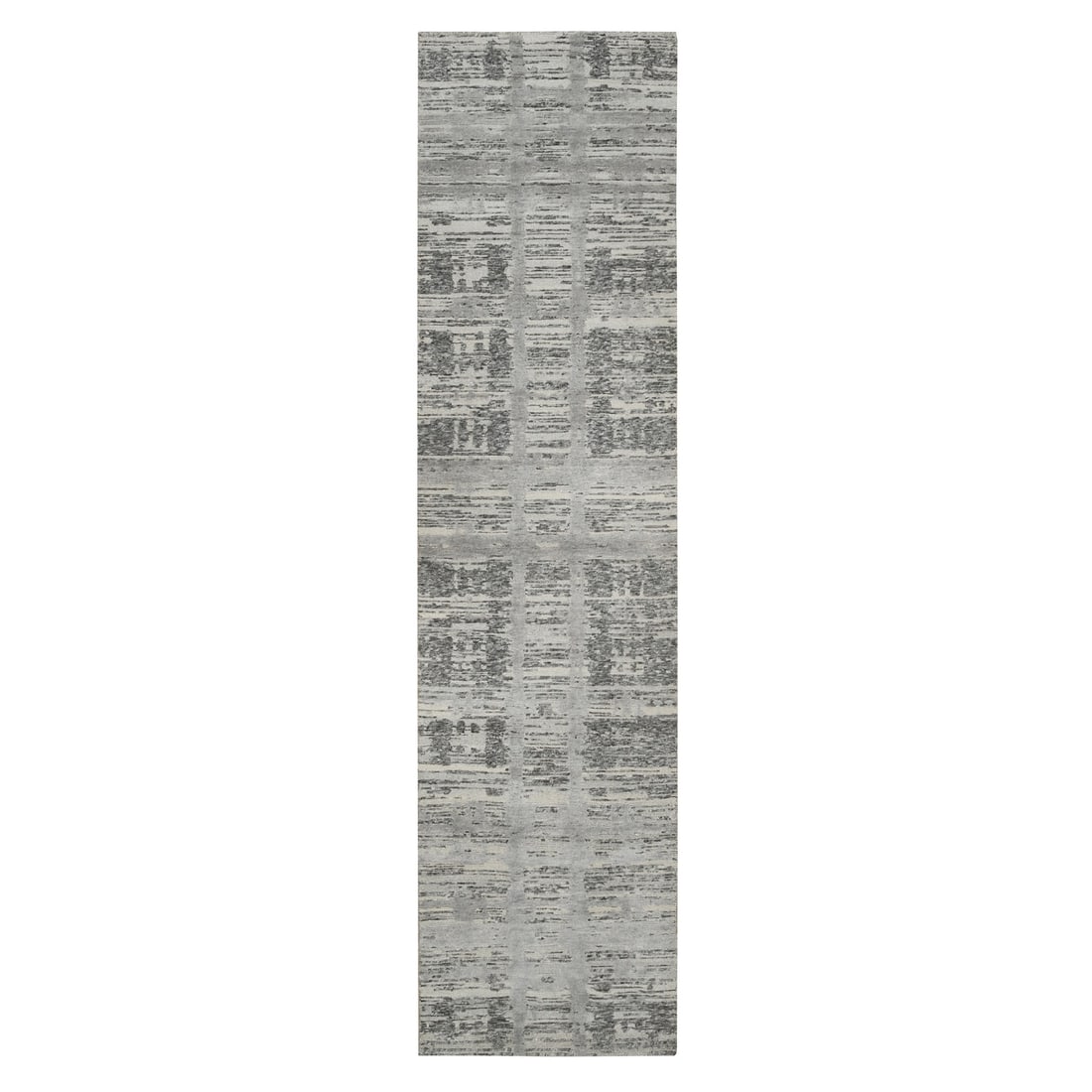 2'6"x10' Gray Hand Knotted Modern Design Natural Wool Runner Rug: 2'6"x10' Gray Hand Knotted Modern Design Natural Wool Runner Rug The 2'6"x10' Gray Hand Knotted Modern Design Natural Wool Runner Rug boasts a stunning modern design, expertly woven in natural wool to