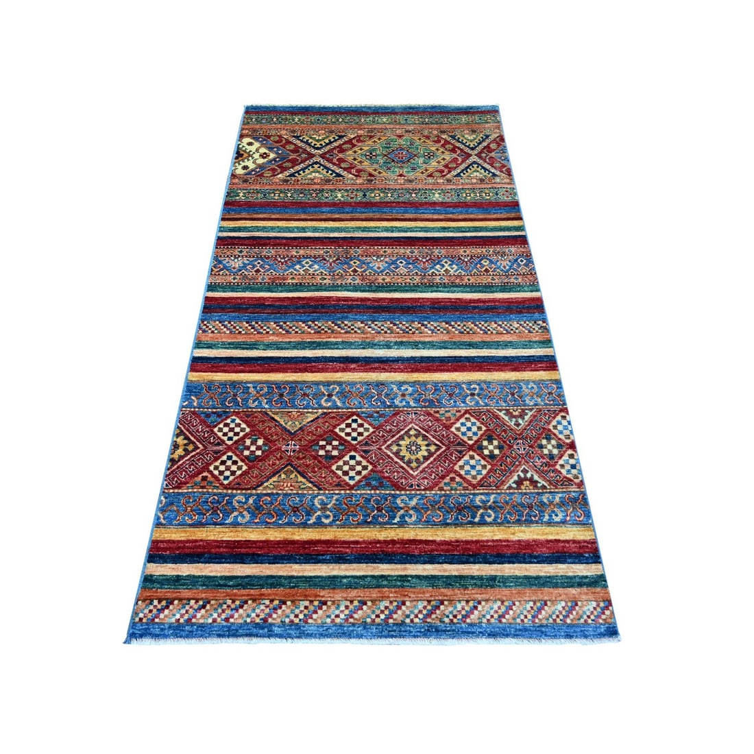 Afghan Rug Colorful Super Kazak Khorjin Design Hand Knotted Wool: Afghan Rug Colorful Super Kazak Khorjin Design Hand Knotted Wool Hand-knotted in wool, this vibrant Afghan Super Kazak Khorjin design rug boasts an all-over multicolored field with intricate patterns.
