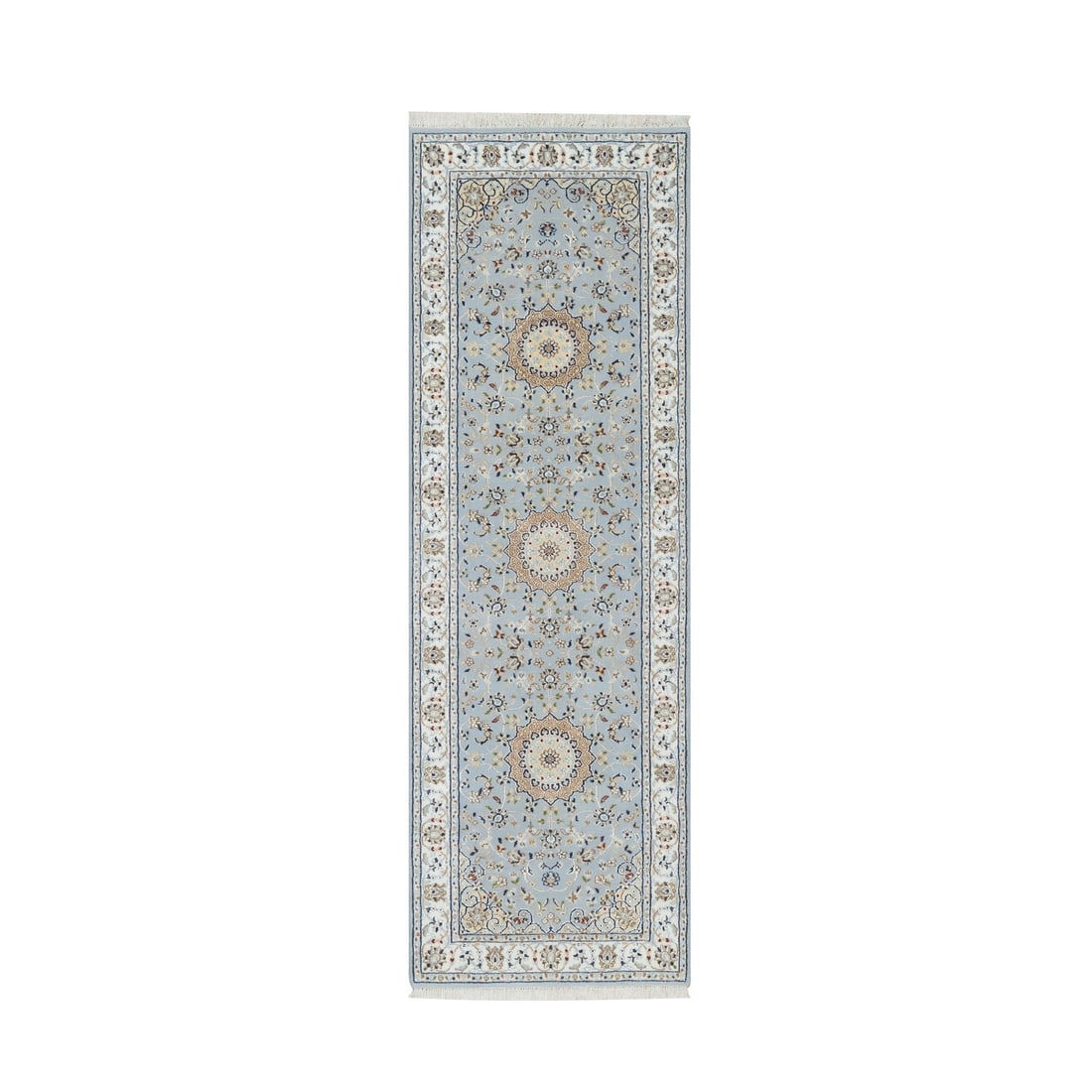 2'8"x8'4" Blue Nain Design 250 KPSI 100% Wool Hand Knotted Runner Rug: 2'8"x8'4" Blue Nain Design 250 KPSI 100% Wool Hand Knotted Runner Rug Hand-knotted with wool and silk, this stunning blue Nain design runner rug boasts intricate patterns in shades of green, brown, wh