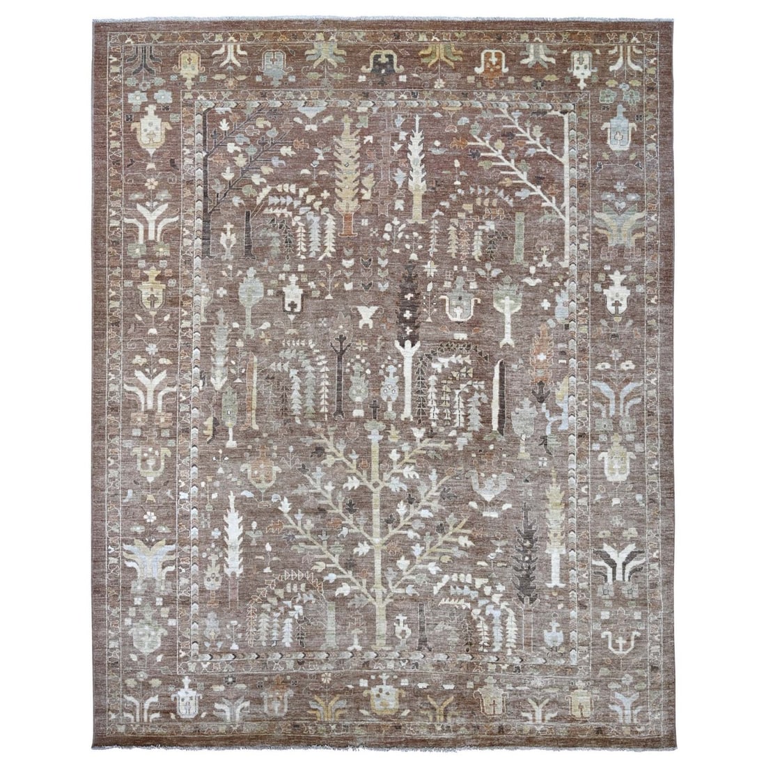 9'6"x11'8" Brown Afghan Angora Oushak Tree Design Hand Knotted Wool Rug: 9'6"x11'8" Brown Afghan Angora Oushak Tree Design Hand Knotted Wool Rug 9'6" x 11'8" Brown Afghan Angora Oushak Tree Design Hand Knotted Wool Rug - A stunning example of traditional Afghan craftsmansh