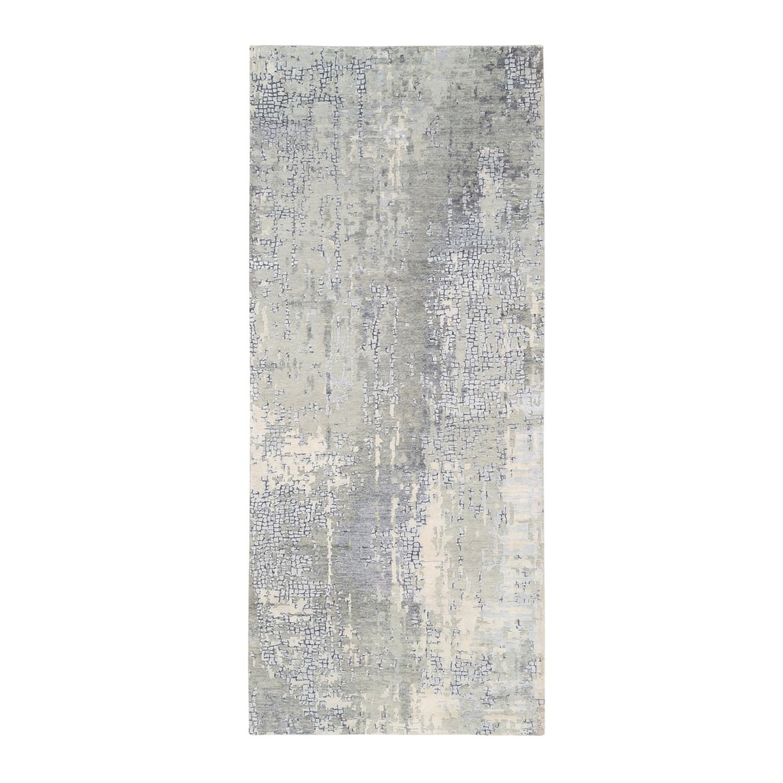 4'1"x9'9" Wool and Silk Mosaic Design Gray Hand Knotted Runner Rug: 4'1"x9'9" Wool and Silk Mosaic Design Gray Hand Knotted Runner Rug The 4'1"x9'9" Wool and Silk Mosaic Design Gray Hand Knotted Runner Rug boasts an abstract field design created with wool and silk, fe