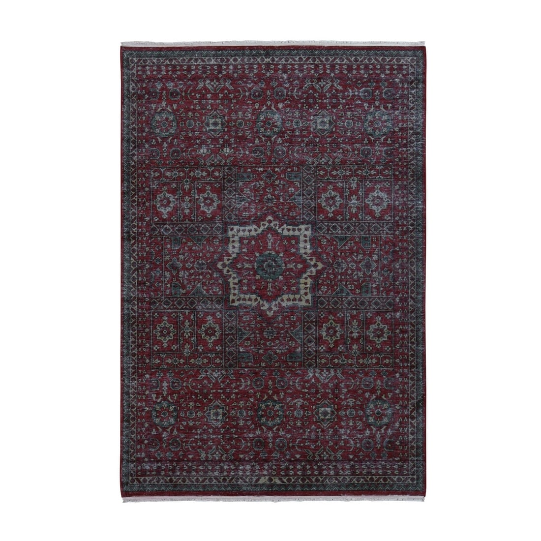 6'1"x9' Vermilion Red, Vintage Look Mamluk, Worn Wool Hand Knotted Rug: 6'1"x9' Vermilion Red, Vintage Look Mamluk, Worn Wool Hand Knotted Rug Vermilion Red, Vintage Look Mamluk rug boasts a rich, worn wool pile in a deep, vibrant red hue. Hand-knotted with traditional te