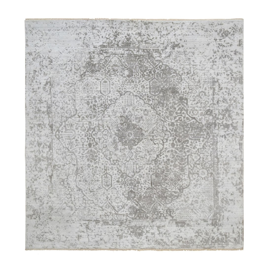 8'3"x8'3" Gray Broken Farsian Design Hand Knotted Wool Silk Square Rug: 8'3"x8'3" Gray Broken Farsian Design Hand Knotted Wool Silk Square Rug The Farsian design hand knotted wool silk square rug boasts a striking gray color and intricate pattern, adding a touch of elegan