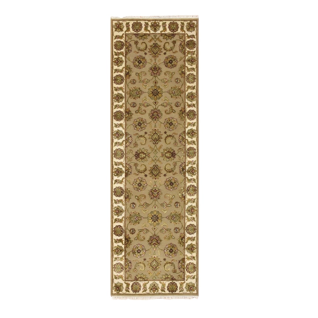 2'6"x8'3" Brown Hand Knotted Rajasthan Leaf Design Wool & Silk Runner Rug: 2'6"x8'3" Brown Hand Knotted Rajasthan Leaf Design Wool & Silk Runner Rug Hand-knotted in wool and silk, this 2'6"x8'3" Rajasthan leaf design rug boasts a rich brown color with intricate patterns. The