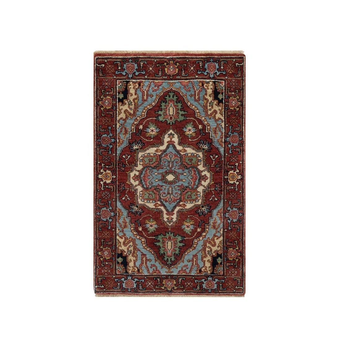 Red antiqued heris re creation soft wool hand knotted mat rug: Red antiqued heris re creation soft wool hand knotted mat rug Soft wool hand-knotted in a classic medallion pattern, this rectangular field rug boasts a rich red color and intricate border. Measuring 