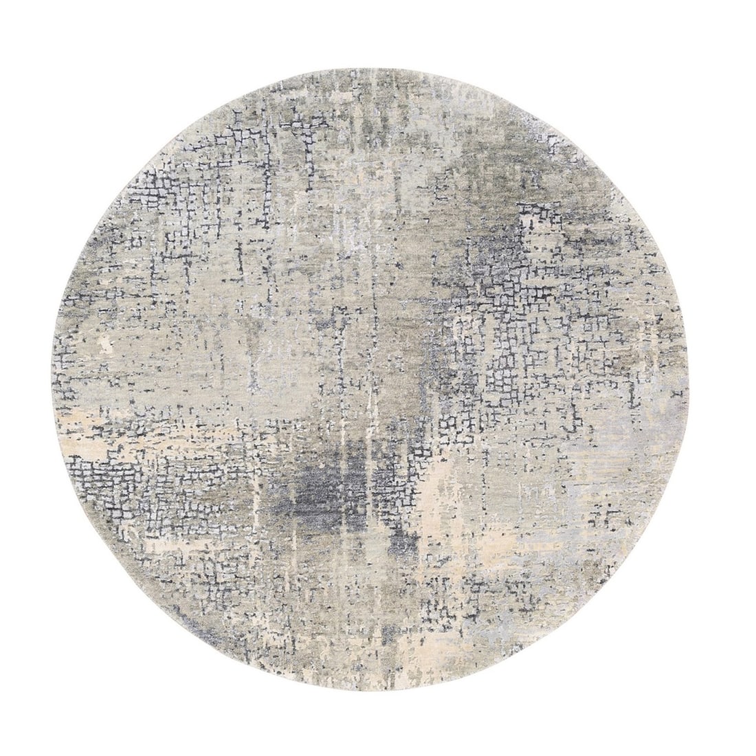 4'10"x4'10" Round Wool-Silk Abstract with Mosaic Design Hand Knotted Rug: 4'10"x4'10" Round Wool-Silk Abstract with Mosaic Design Hand Knotted Rug Hand-knotted with wool and silk, this unique round rug boasts an abstract mosaic design in soothing grey tones. The intricate p