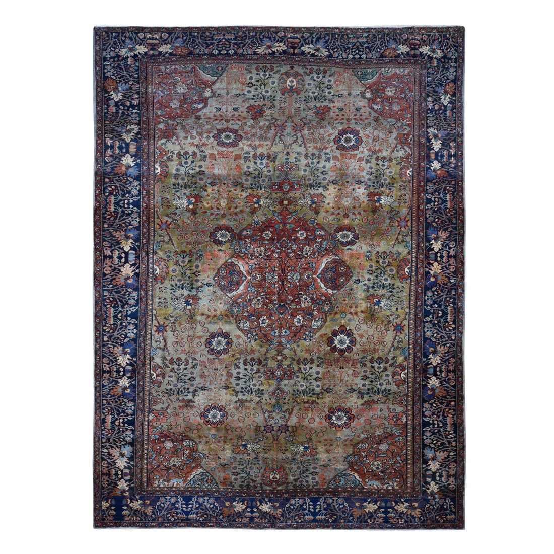 8'4"x11'6" Green Antique Zoroastrian Saroogh Hand Knotted Wool Rug: 8'4"x11'6" Green Antique Zoroastrian Saroogh Hand Knotted Wool Rug The 8'4"x11'6" Green Antique Zoroastrian Saroogh Hand Knotted Wool Rug boasts an impressive rectangular field with a rich green color