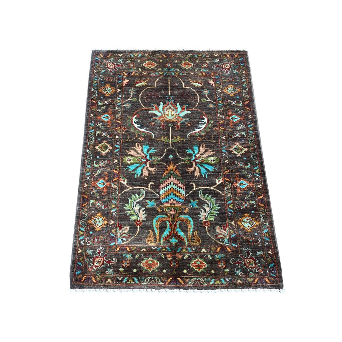 2'8"x3'8" Brown Hand Knotted Afghan Sultani Pure Wool Sample Mat Rug (1 of 6)