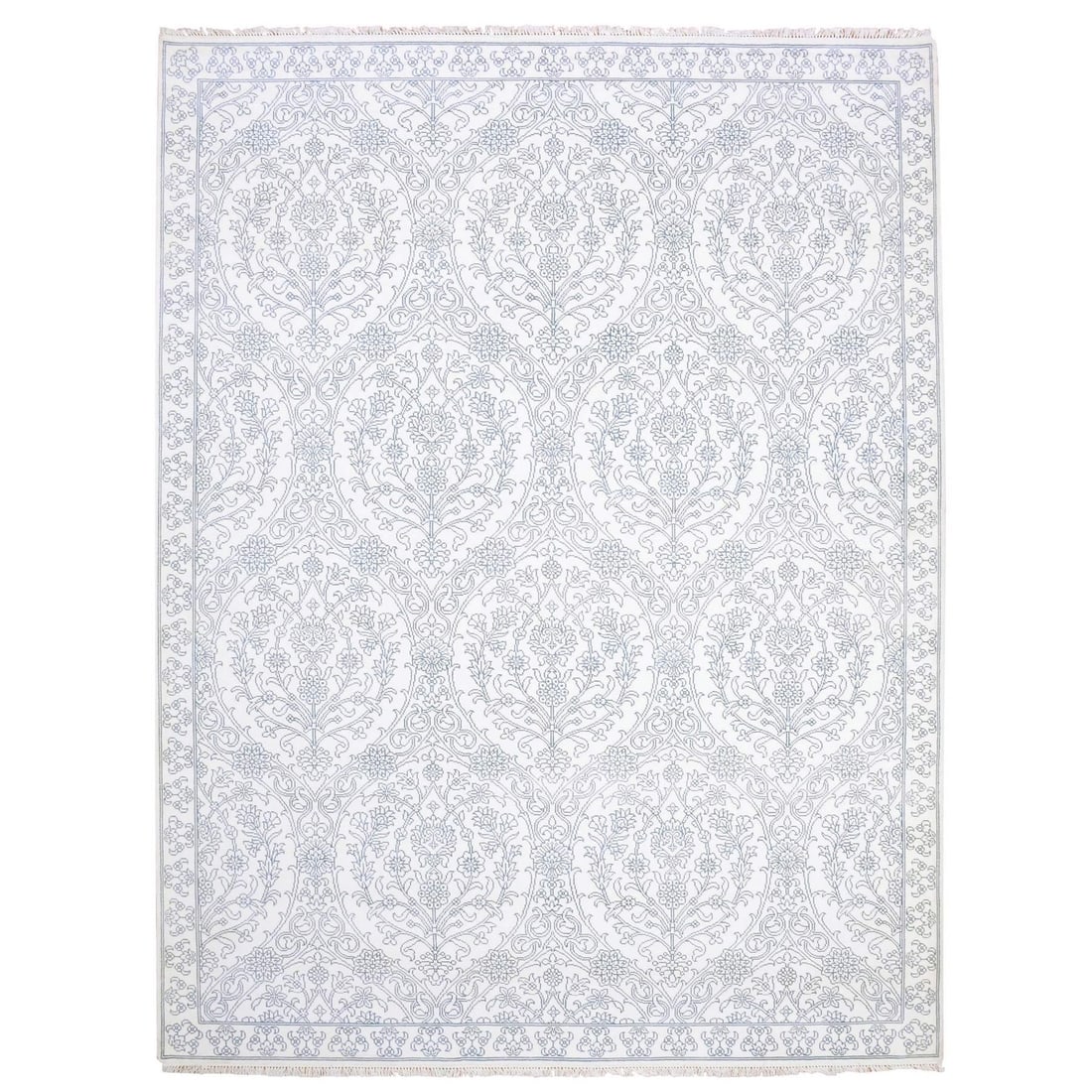 9'4"x11'9" Ivory 100% Cotton Agra Design Hand Knotted Rug: 9'4"x11'9" Ivory 100% Cotton Agra Design Hand Knotted Rug Hand-knotted in 100% cotton, this stunning Agra design rug boasts an ivory color palette and intricate pattern. Measuring 9'4" x 11'9", its re