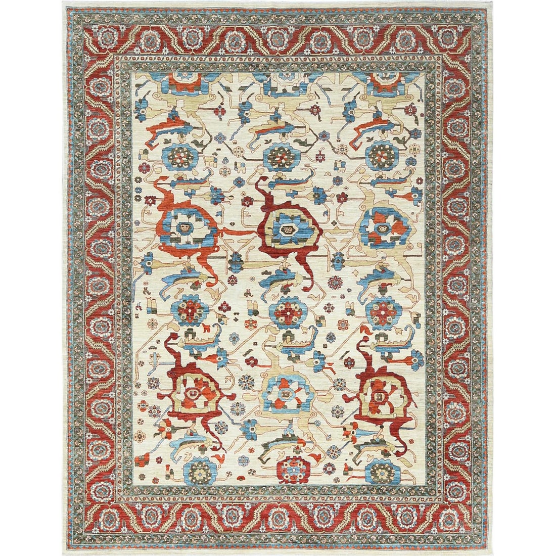 9'x11'4" Ivory Afghan Peshawar Heris Design Wool Hand Knotted Rug: 9'x11'4" Ivory Afghan Peshawar Heris Design Wool Hand Knotted Rug 9'x11'4" Ivory Afghan Peshawar Heris Design Wool Hand Knotted Rug. This stunning 100% wool rug boasts a beautiful ivory color and intr