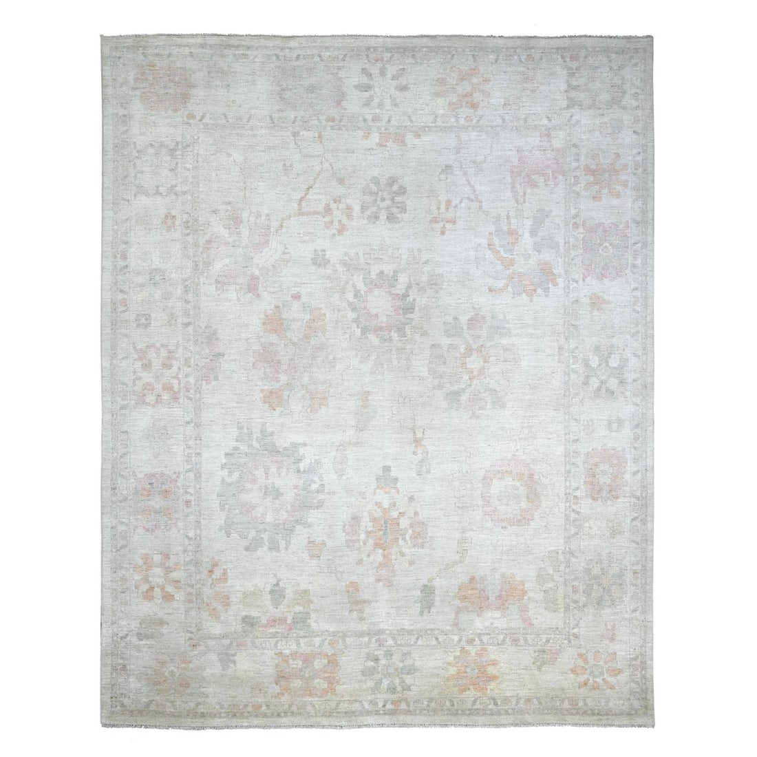 11'9"x14'6" Silver Gray Hand Knotted Angora Oushak Leaf Design Wool Rug: 11'9"x14'6" Silver Gray Hand Knotted Angora Oushak Leaf Design Wool Rug 11'9" x 14'6" Silver Gray Hand Knotted Angora Oushak Leaf Design Wool Rug - A stunning example of traditional Afghan craftsmansh