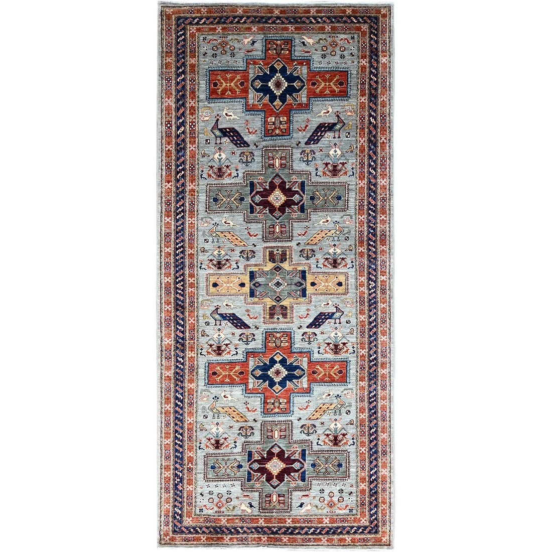 4'1"x9'10" Gray Wool Armenian Inspired Caucasian Design Runner Oriental Rug: 4'1"x9'10" Gray Wool Armenian Inspired Caucasian Design Runner Oriental Rug This stunning Armenian-inspired Caucasian design runner rug boasts a rich, grey wool pile with intricate patterns in shades 