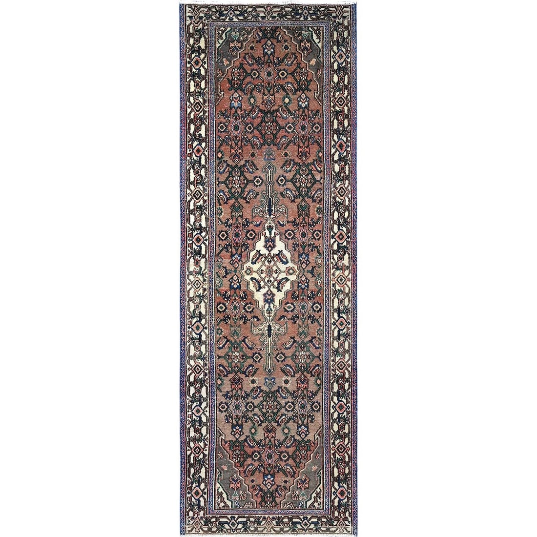 3'4"x10'1" Brown Old Hussainabad Wool Hand Knotted Wide Long Runner Rug: 3'4"x10'1" Brown Old Hussainabad Wool Hand Knotted Wide Long Runner Rug This stunning 3'4"x10'1" Brown Old Hussainabad Wool Hand Knotted Wide Long Runner Rug boasts an intricate Oriental design, chara