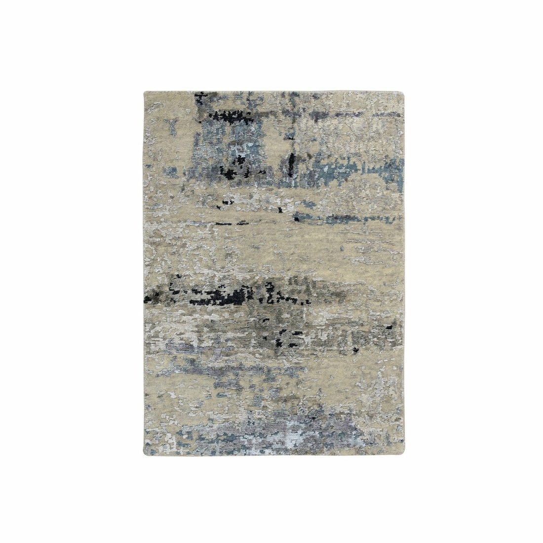 2'x2'10" Gray Modern Abstract Design Wool and Silk Hand Knotted Mat Rug: 2'x2'10" Gray Modern Abstract Design Wool and Silk Hand Knotted Mat Rug Silk and wool blend in a modern abstract design, creating a unique grey rectangular field rug with no border. Hand-knotted for a
