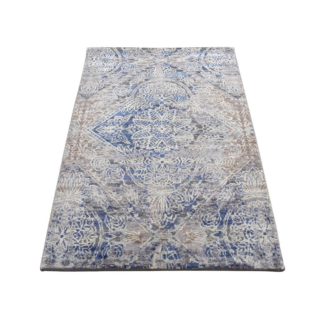 2'x3'1" Blue Silk with Wool Hand Knotted ERASED ROSSETS Sample Mat Rug: 2'x3'1" Blue Silk with Wool Hand Knotted ERASED ROSSETS Sample Mat Rug Blue Silk with Wool Hand Knotted Erased Rossets Sample Mat Rug, measuring 2'0" x 3'1" (61 CM X 94 CM), features a unique grey fie