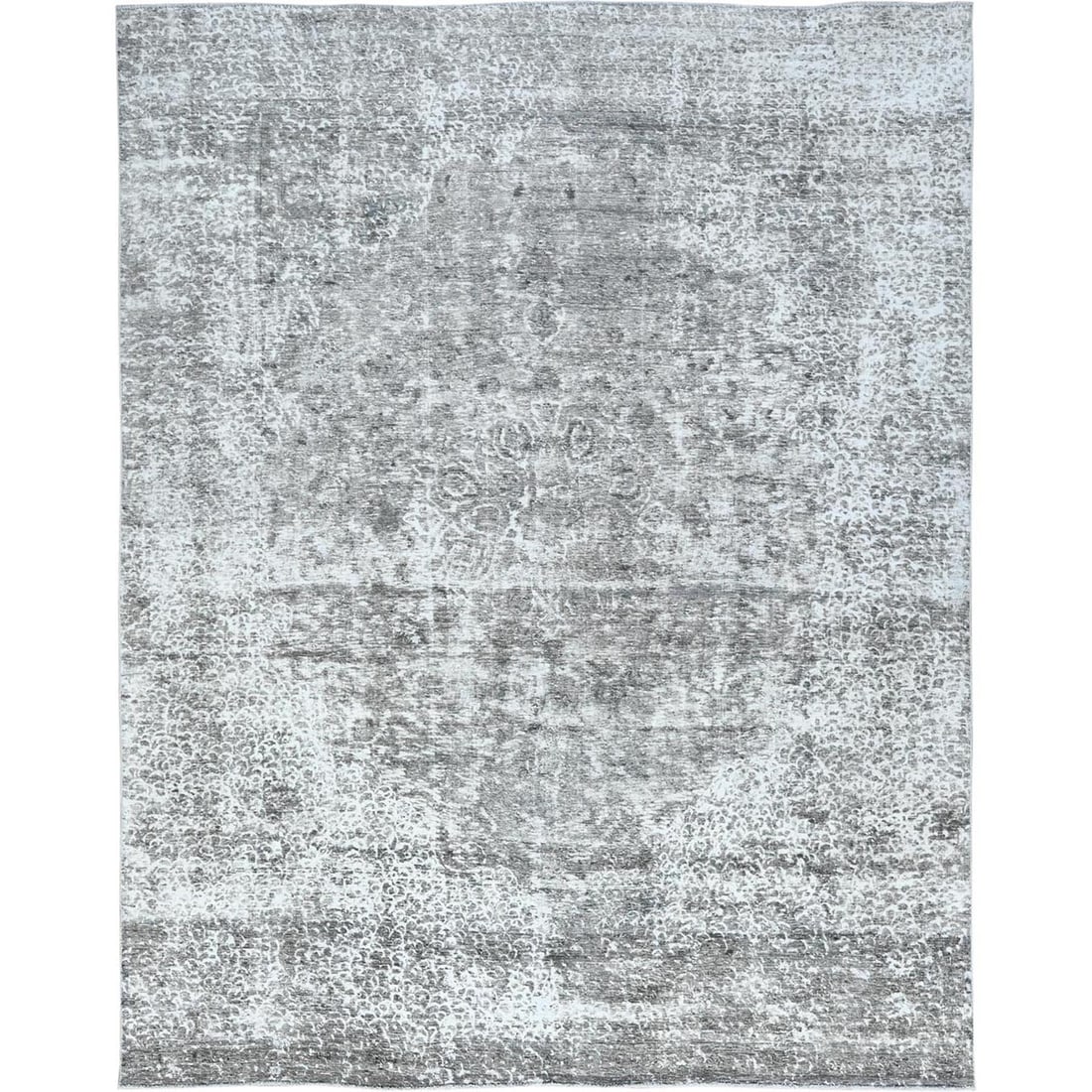 9'3"x12' Gray Worn Wool Hand Knotted Antique Zoroastrian Tebraz Rug: 9'3"x12' Gray Worn Wool Hand Knotted Antique Zoroastrian Tebraz Rug 9'3" x 12' Gray Worn Wool Hand Knotted Antique Zoroastrian Tebraz Rug boasts a rich, grey hue and intricate hand-knotted design. Thi