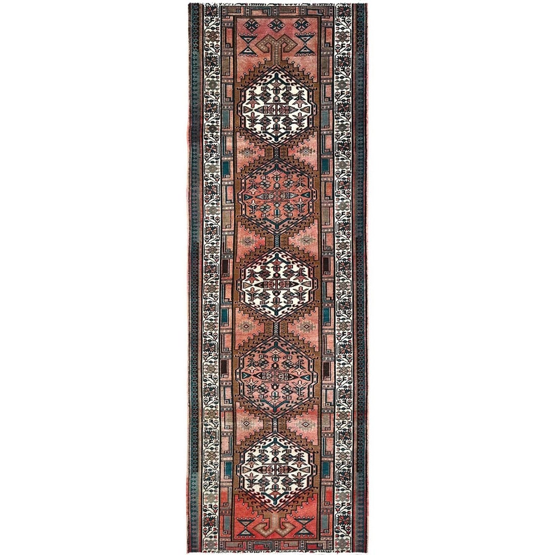 3'5"x10'2" Brown North West Zoroastrian Hand Knotted Wide Long Runner Rug: 3'5"x10'2" Brown North West Zoroastrian Hand Knotted Wide Long Runner Rug This stunning Brown North West Zoroastrian hand knotted wide long runner rug boasts an impressive size and intricate design, m