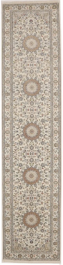 2'8 X 11'11 Classic Floral Handmade Indo-Nain Runner Hallway Carpet 3X12 Ft Hand-Knotted: 2'8 X 11'11 Classic Floral Handmade Indo-Nain Runner Hallway Carpet 3X12 Ft Hand-Knotted Hand-knotted in wool and silk, this 2'8 x 11'11 Classic Floral Indo-Nain runner features an exquisite floral pa