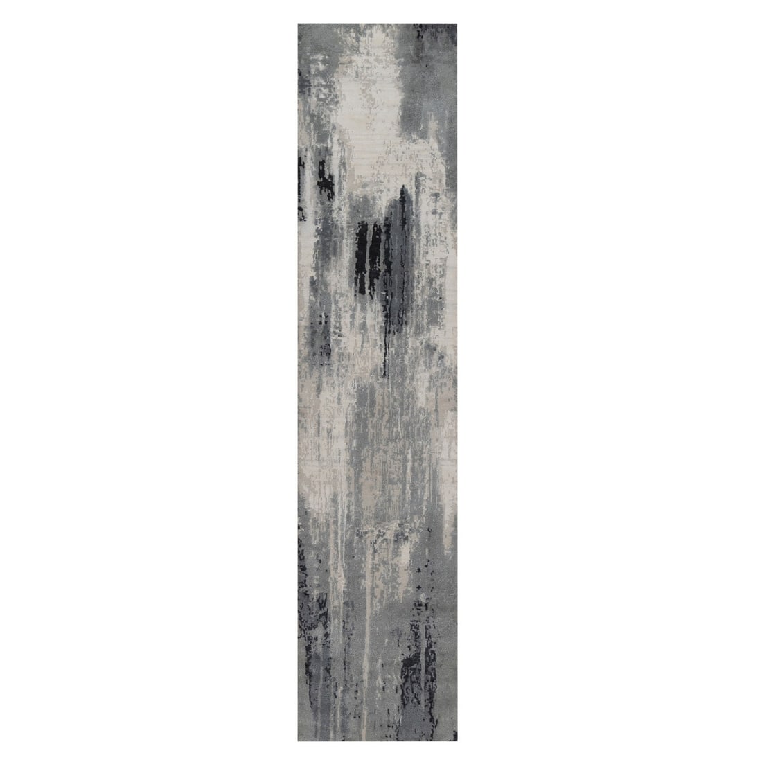2'6"x11'10" Black-Ivory Hand Knotted Abstract Design Wool and Silk Runner: 2'6"x11'10" Black-Ivory Hand Knotted Abstract Design Wool and Silk Runner Modern and abstract, this hand-knotted wool and silk runner boasts an intricate grey field color with no border. Measuring 2'6