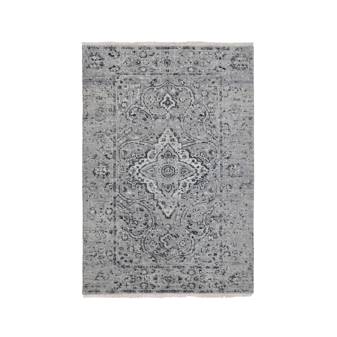 3'1"x5'1" Gray Farsian Silk With Textured Wool Hand Knotted Oriental Rug (1 of 8)