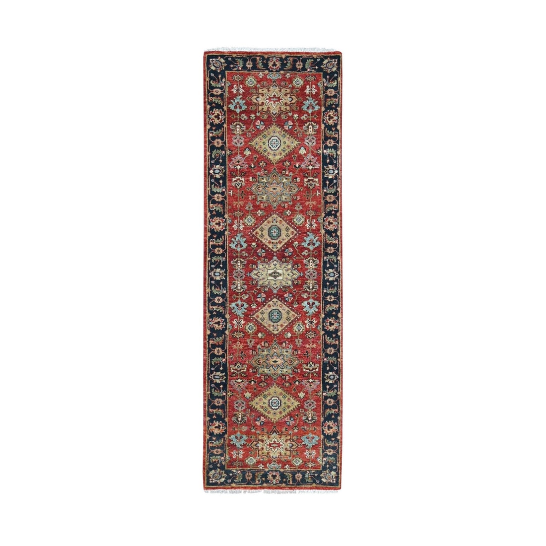 2'7"x8'2" Red Karjihooz Medallions Design Hand Knotted Soft Wool Runner: 2'7"x8'2" Red Karjihooz Medallions Design Hand Knotted Soft Wool Runner Soft wool runner with a striking red Karjihooz medallions design, measuring 98 inches in length and 31 inches in width. Hand kno