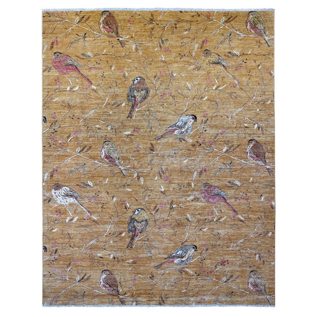 9'4"x11'8" Copper Brown Soft Wool Rug Hand Knotted Sparrows on the Tree: 9'4"x11'8" Copper Brown Soft Wool Rug Hand Knotted Sparrows on the Tree Hand-knotted in traditional Peshawar style, this stunning copper brown soft wool rug features intricate Sparrows on the Tree des