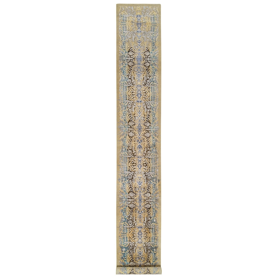 2'6"x18' Brown Hand Knotted Transitional Sarouk Silk/ Wool XL Runner Rug: 2'6"x18' Brown Hand Knotted Transitional Sarouk Silk/ Wool XL Runner Rug Brown Hand Knotted Transitional Sarouk Silk/Wool XL Runner Rug boasts a rich, earthy tone and intricate hand-knotted design. Ma