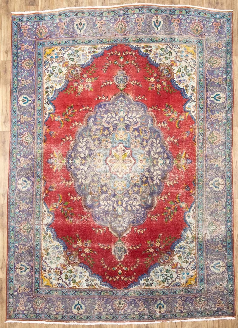 Semi-Antique Distressed Floral Oriental Rug Muted Living Room Carpet 9X13 Ft Hand-Knotted (1 of 18)