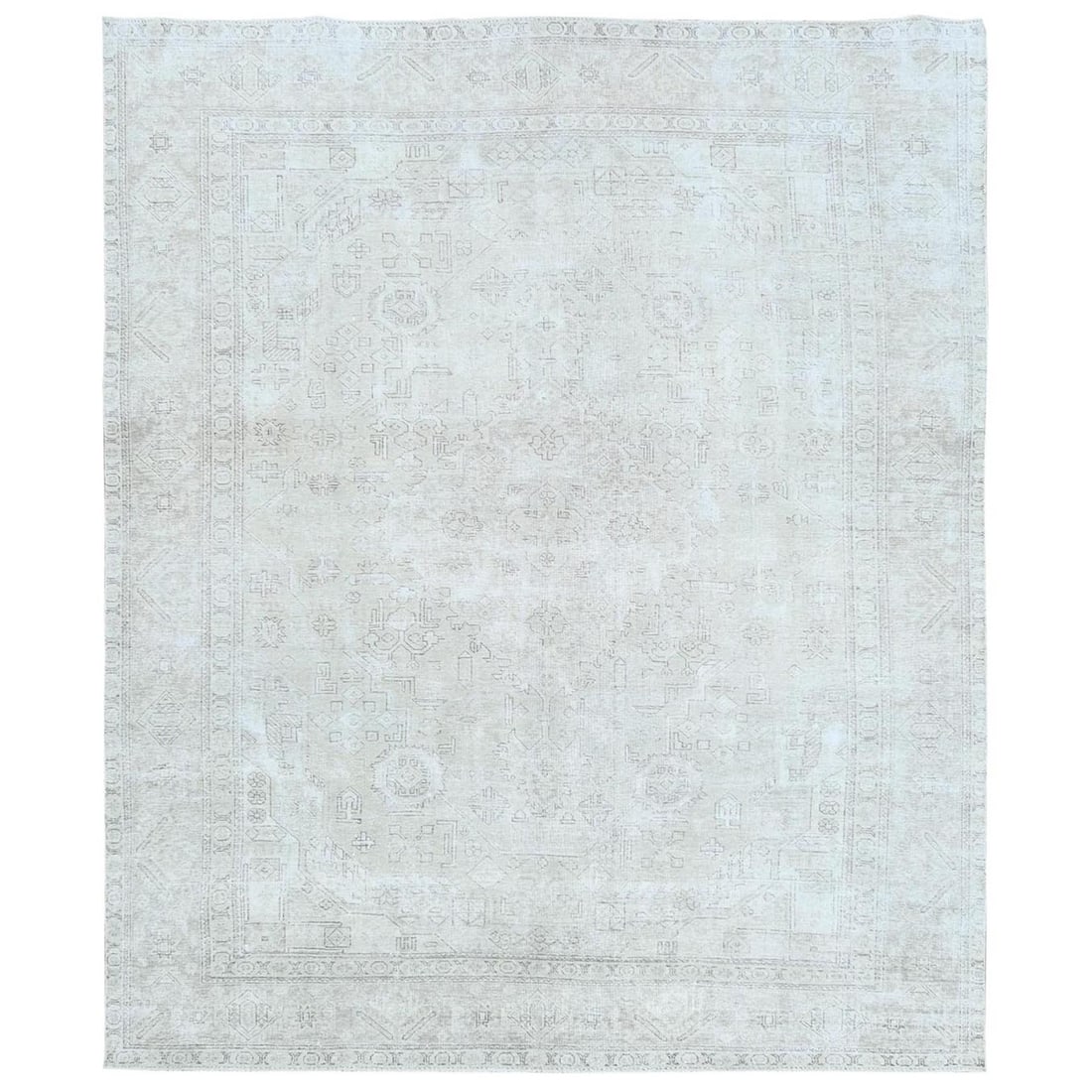 9'6"x12'7" Ivory Vintage Farsian Tebraz Worn Wool Hand Knotted Rug: 9'6"x12'7" Ivory Vintage Farsian Tebraz Worn Wool Hand Knotted Rug 9'6"x12'7" Ivory Vintage Farsian Tebraz Worn Wool Hand Knotted Rug bears the signature of its skilled artisan. Made from 100% wool, t
