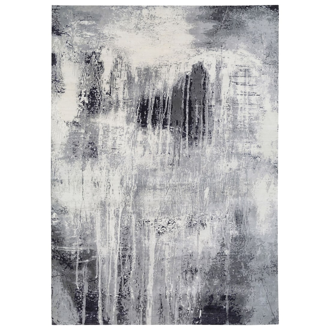 12'x18'1" Oversized Black Abstract Design Wool and Silk Hand Knotted Rug: 12'x18'1" Oversized Black Abstract Design Wool and Silk Hand Knotted Rug Oversized black abstract design wool and silk hand knotted rug, measuring 12'0" x 18'1". This unique piece features a grey fiel