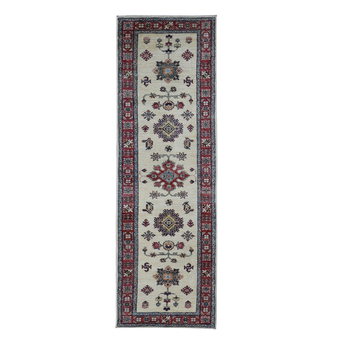 2'9"x8'7" Bone White Afghan Super Kazak Hand Knotted Pure Wool Runner Rug: 2'9"x8'7" Bone White Afghan Super Kazak Hand Knotted Pure Wool Runner Rug The Bone White Kazak Afghan Super Kazak Hand Knotted Pure Wool Runner Rug boasts an impressive size, measuring 2'9" x 8'7". Ma