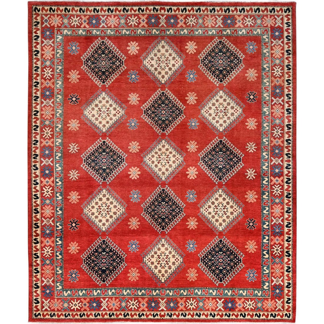 8'1"x9'9" Red Special Kazak All Over Medallions Wool Hand Knotted Rug: 8'1"x9'9" Red Special Kazak All Over Medallions Wool Hand Knotted Rug The Red Special Kazak All Over Medallions Wool Hand Knotted Rug boasts an eye-catching all-over medallion design in vibrant red hu