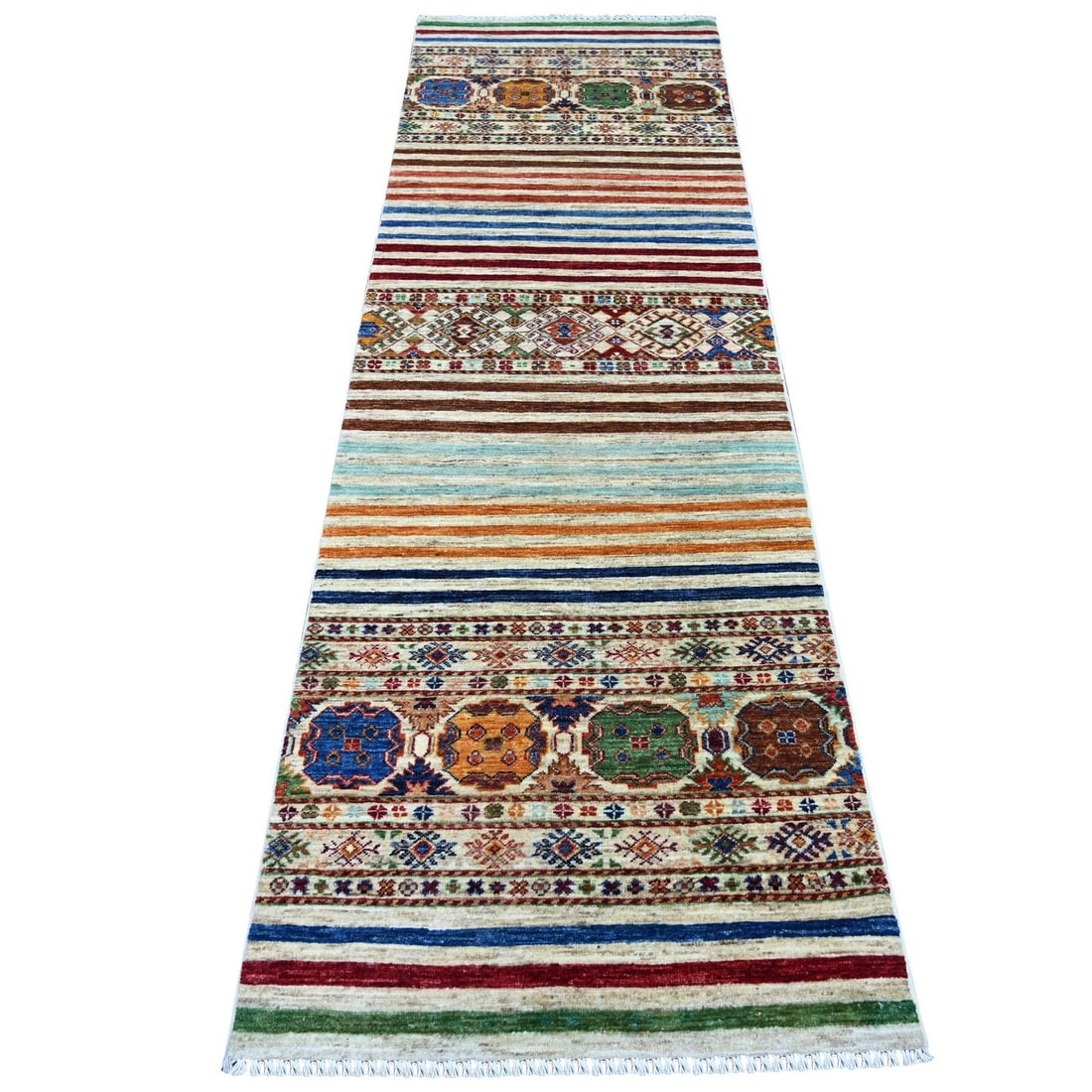 2'7"x8'6" Colorful Afghan Super Kazak Hand Knotted Pure Wool Runner Rug: 2'7"x8'6" Colorful Afghan Super Kazak Hand Knotted Pure Wool Runner Rug Colorful and vibrant, this 2'7"x8'6" hand-knotted pure wool runner rug from Afghanistan boasts an all-over regional design in a 