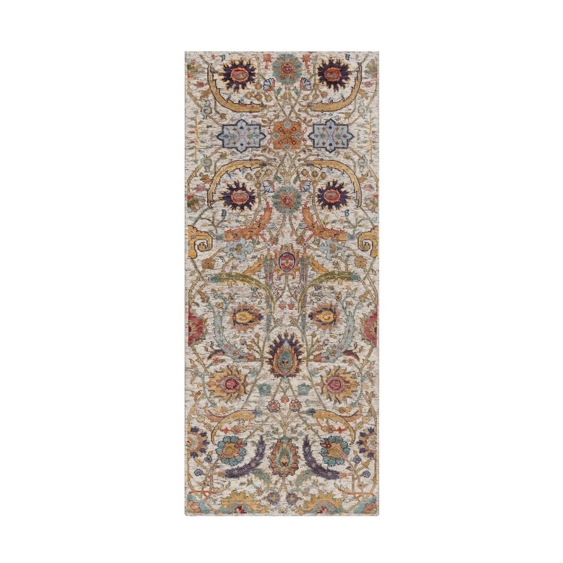 2'5"x6' Ivory Runner Rug Silk with Textured Wool Leaf Design Hand Knotted: 2'5"x6' Ivory Runner Rug Silk with Textured Wool Leaf Design Hand Knotted Hand-knotted with wool and silk, this 2'5"x6' ivory runner rug features an intricate textured wool leaf design that adds a tou