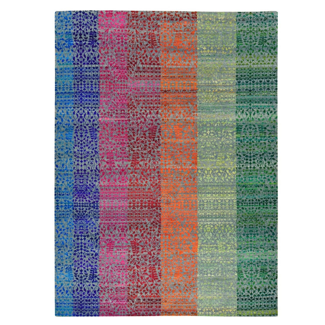 9'x12'1" Colorful Sari Silk Bespoken Sampler Tone On Tone Hand Knotted Rug: 9'x12'1" Colorful Sari Silk Bespoken Sampler Tone On Tone Hand Knotted Rug The 9'x12'1" Colorful Sari Silk Bespoken Sampler Tone On Tone Hand Knotted Rug boasts a striking multicolored design, featuri
