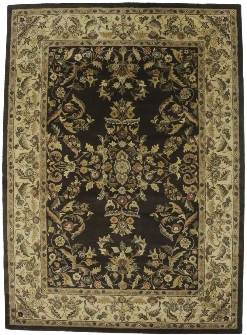 8X11 Ft Large Dark Brown Oriental Rug Modern Floral Hand-Tufted Floor Carpet Hand-Knotted: 8X11 Ft Large Dark Brown Oriental Rug Modern Floral Hand-Tufted Floor Carpet Hand-Knotted Dark Brown Oriental Rug with Modern Floral Pattern. This hand-tufted, wool-blend rug boasts a traditional desi