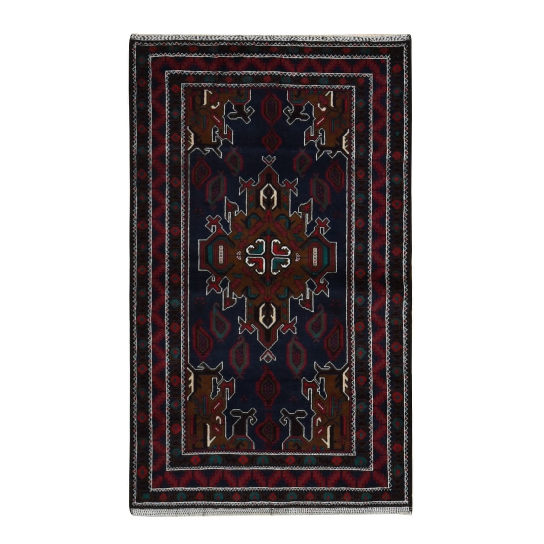 3'10"x6'9" Yankees Blue Afghan Balooch Design Pure Wool Hand Knotted Rug: 3'10"x6'9" Yankees Blue Afghan Balooch Design Pure Wool Hand Knotted Rug The 3'10"x6'9" Yankees Blue Afghan Balooch Design Pure Wool Hand Knotted Rug boasts an impressive rectangular field with a stri