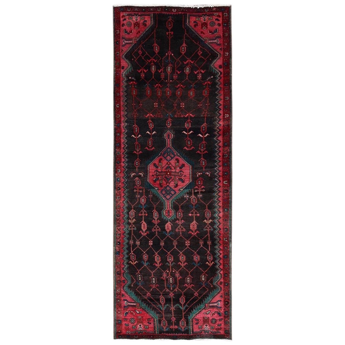 3'1"x9'2" Brown Vintage Zoroastrian Amadan Wool Hand Knotted Runner Rug: 3'1"x9'2" Brown Vintage Zoroastrian Amadan Wool Hand Knotted Runner Rug This stunning vintage Zoroastrian Amadan wool hand-knotted runner rug boasts a rich, earthy brown color and intricate medallion 