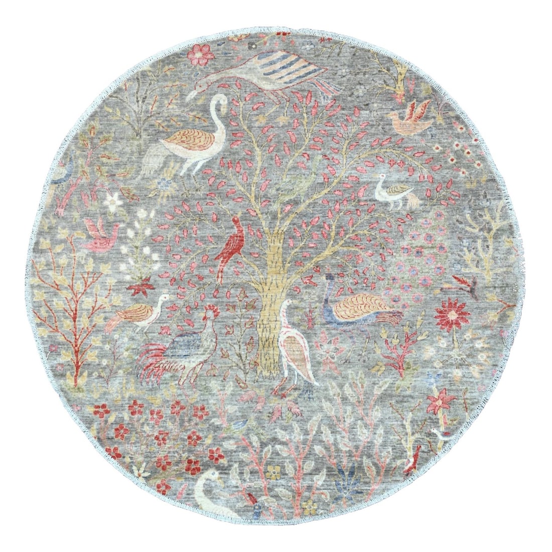 5'9"x5'9" Gray Hand Knotted Afghan Peshawar Birds Design Wool Round Rug (1 of 6)