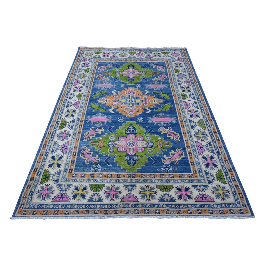 5'5"x7'9" Chelsea Blue Fusion Kazak Soft Wool Hand Knotted Oriental Rug: 5'5"x7'9" Chelsea Blue Fusion Kazak Soft Wool Hand Knotted Oriental Rug Soft underfoot, the 5'5"x7'9" Chelsea Blue Fusion Kazak Soft Wool Hand Knotted Oriental Rug brings a touch of elegance to any ro