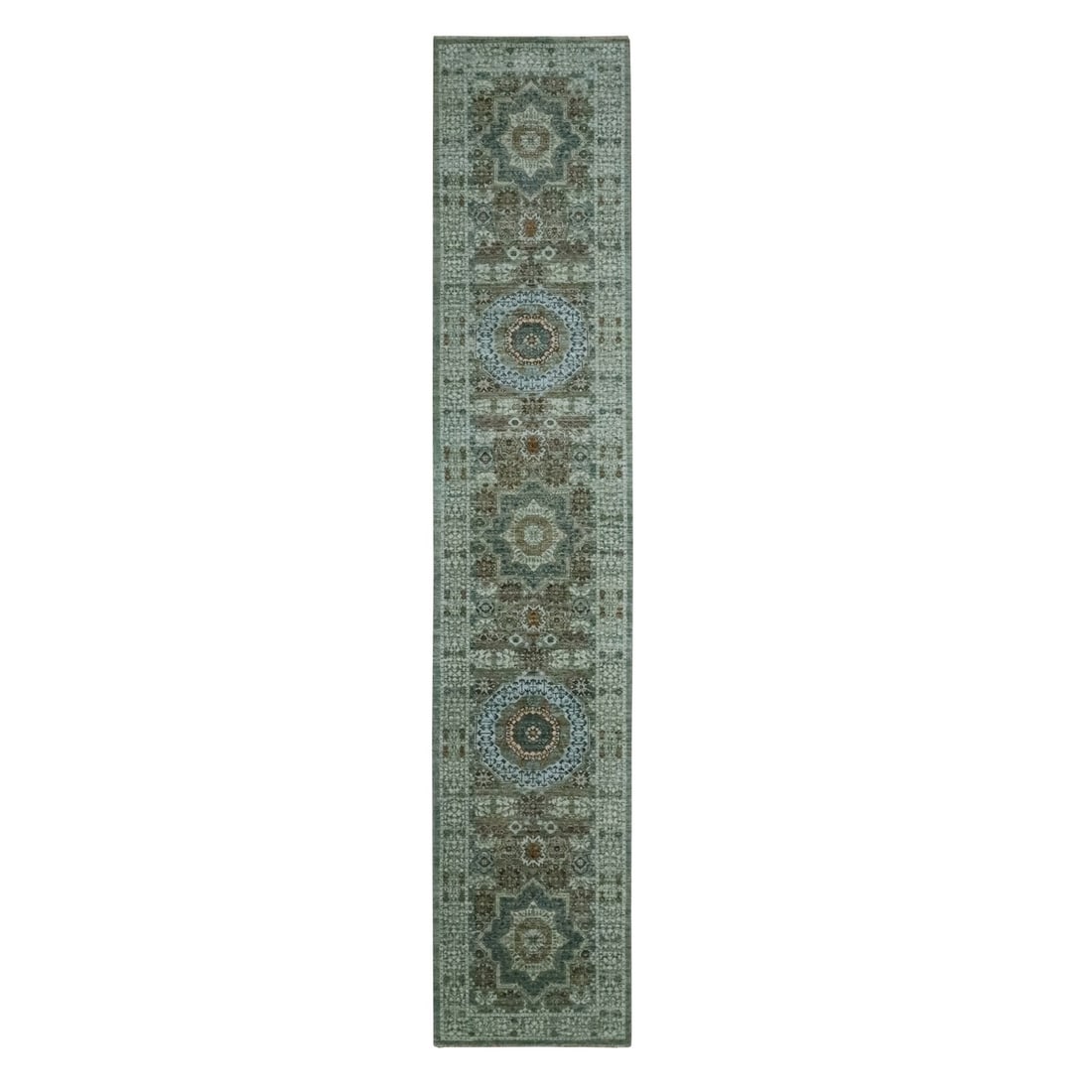 Hand Knotted Runner Rug 2'8"x14' Pistachio Green Mamluk Design Pure Wool: Hand Knotted Runner Rug 2'8"x14' Pistachio Green Mamluk Design Pure Wool Hand-knotted in pure wool, this stunning Pistachio Green Mamluk design runner rug boasts a medallion pattern and measures 2'8" 