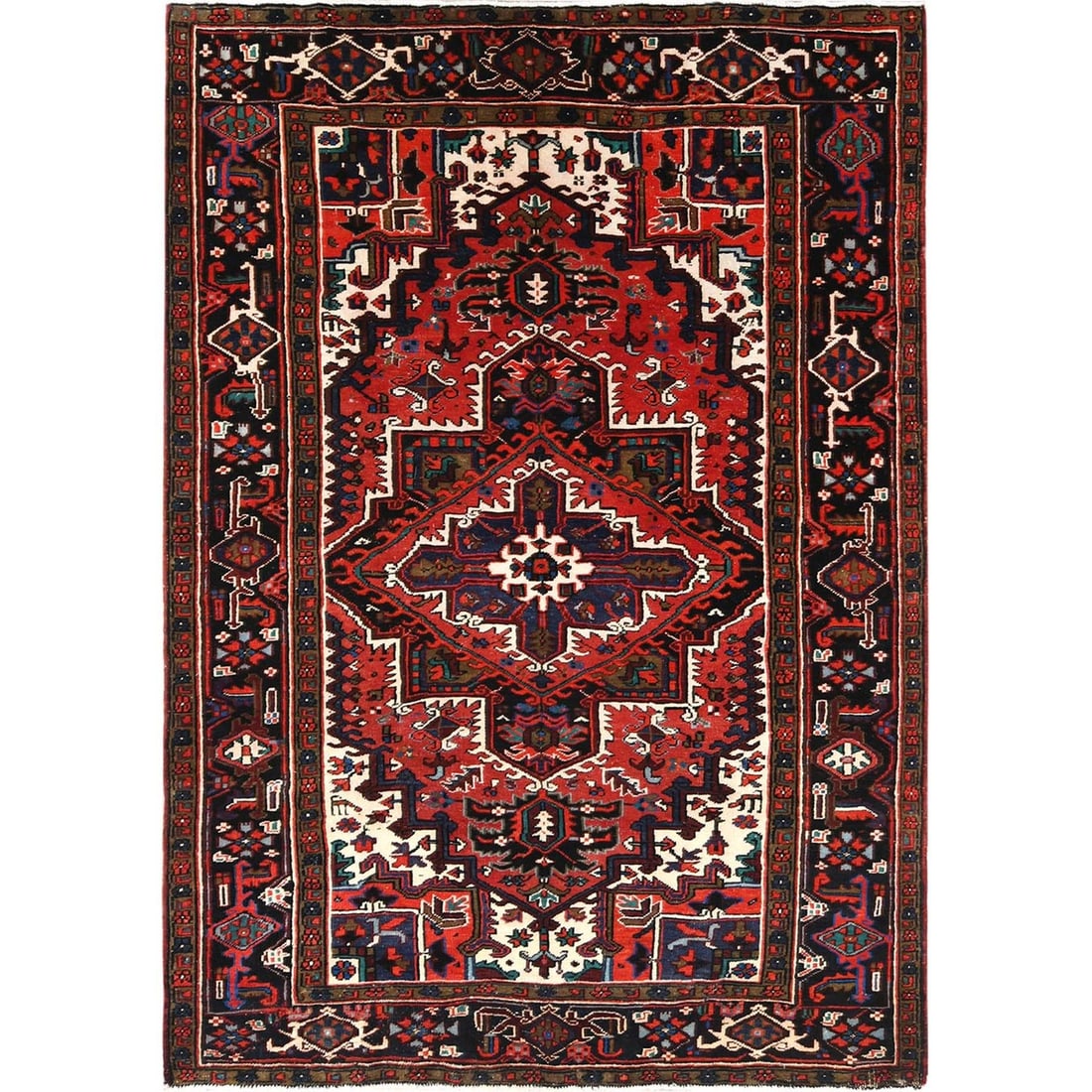 6'8"x9'3" Tomato Red Vintage Zorostrian Heris Hand Knotted Worn Wool Rug: 6'8"x9'3" Tomato Red Vintage Zorostrian Heris Hand Knotted Worn Wool Rug The 6'8"x9'3" Tomato Red Vintage Zorostrian Heris Hand Knotted Worn Wool Rug boasts a striking rectangular field with an Orient