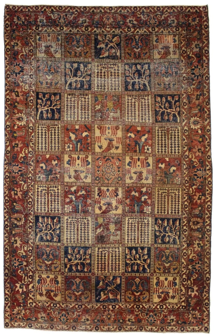 6'6X10'6 One-Of-A-Kind Antique Oriental Rug Pictorial Garden Design Carpet Hand-Knotted: 6'6X10'6 One-Of-A-Kind Antique Oriental Rug Pictorial Garden Design Carpet Hand-Knotted Hand-knotted in wool, this vintage oriental rug boasts a unique floral tribal design amidst muted colors. Measur