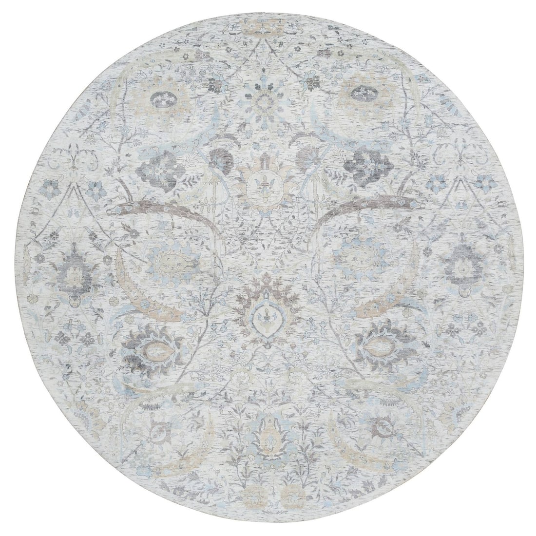 9'9"x9'9" Ivory Silk with Wool Hand Knotted Sickle Leaf Design Round Rug: 9'9"x9'9" Ivory Silk with Wool Hand Knotted Sickle Leaf Design Round Rug 9'9" x 9'9" Ivory Silk with Wool Hand Knotted Sickle Leaf Design Round Rug - A stunning, hand-knotted Oriental rug featuring a 