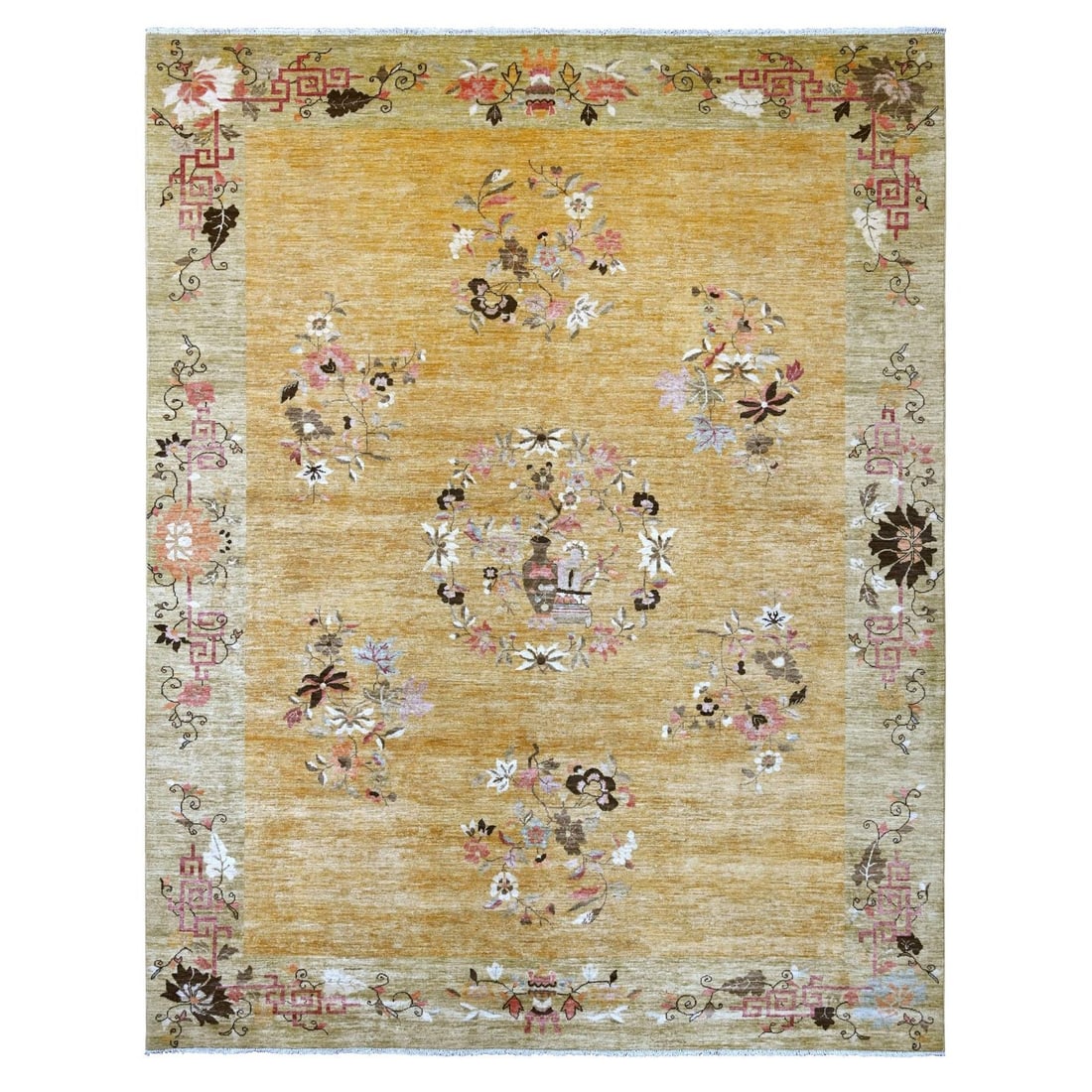 9'1"x11'6" Brown Chinese Art Deco Inspired Peshawar Wool Hand Knotted Rug: 9'1"x11'6" Brown Chinese Art Deco Inspired Peshawar Wool Hand Knotted Rug 9'1"x11'6" Brown Chinese Art Deco Inspired Peshawar Wool Hand Knotted Rug features an intricate floral pattern and a rectangul