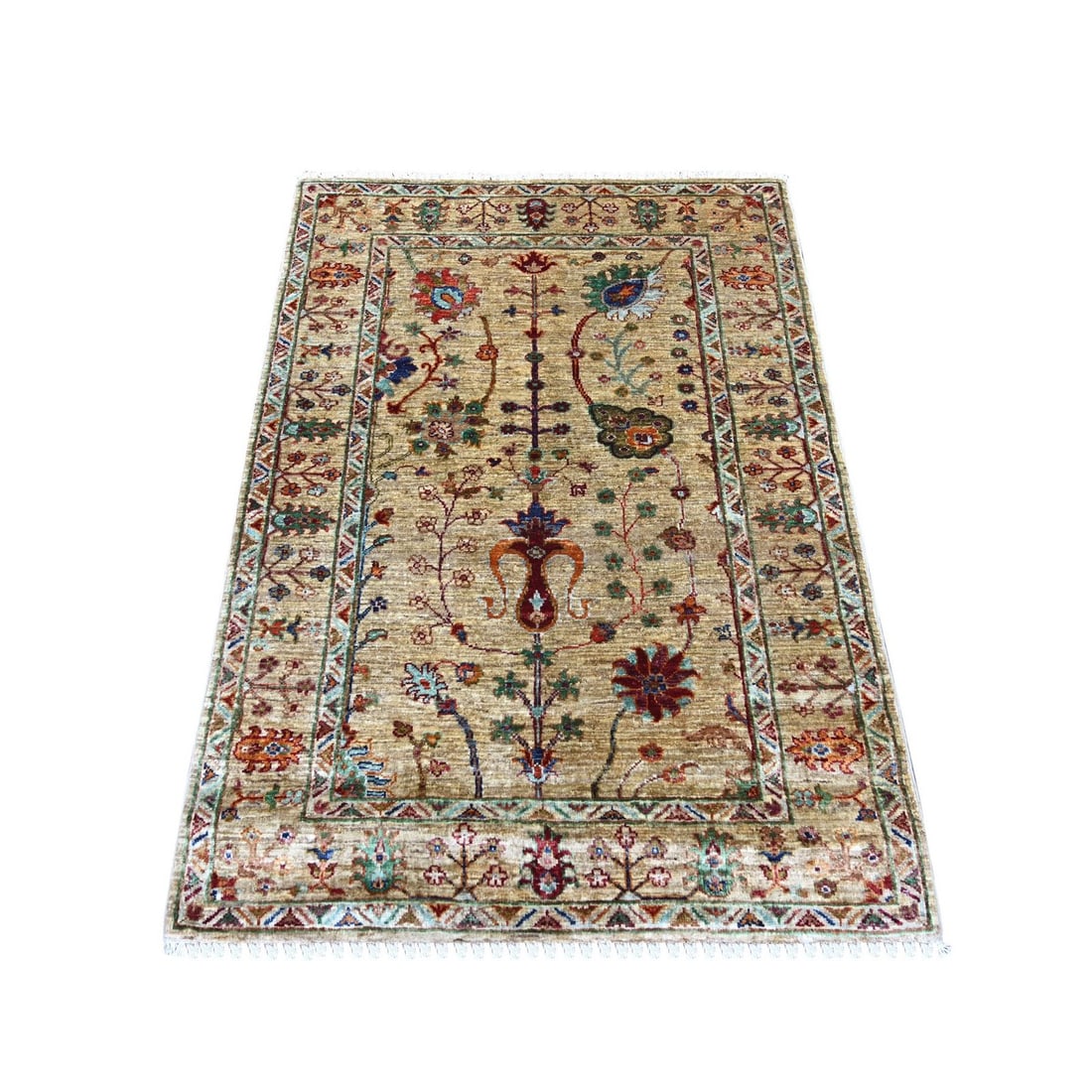 3'4"x4'8" Light Brown Hand Knotted Sultani Floral Pattern Wool Rug: 3'4"x4'8" Light Brown Hand Knotted Sultani Floral Pattern Wool Rug Hand-knotted in traditional Afghan style, this light brown wool rug boasts an all-over floral pattern in rich regional design. Measur