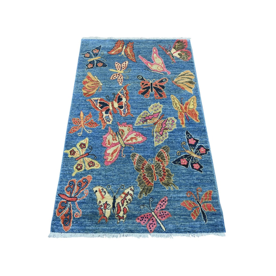 3'x5' Blue Hand Knotted Peshawar Colorful Butterfly Design Soft Wool Rug: 3'x5' Blue Hand Knotted Peshawar Colorful Butterfly Design Soft Wool Rug The Peshawar hand-knotted rug boasts a vibrant blue and colorful butterfly design, set against a soft wool background. Measurin